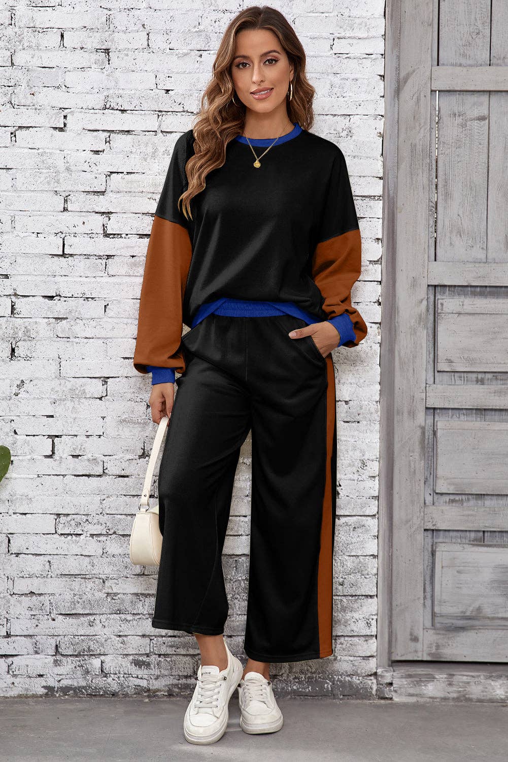 Blackish Green 2pcs Color Block Pullover Loose Pant Set