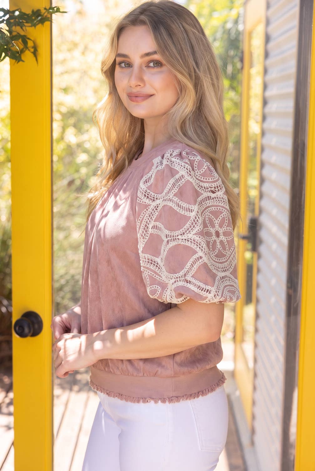 37067 Floral Eyelet Crochet Bubble Sleeve Suede Top