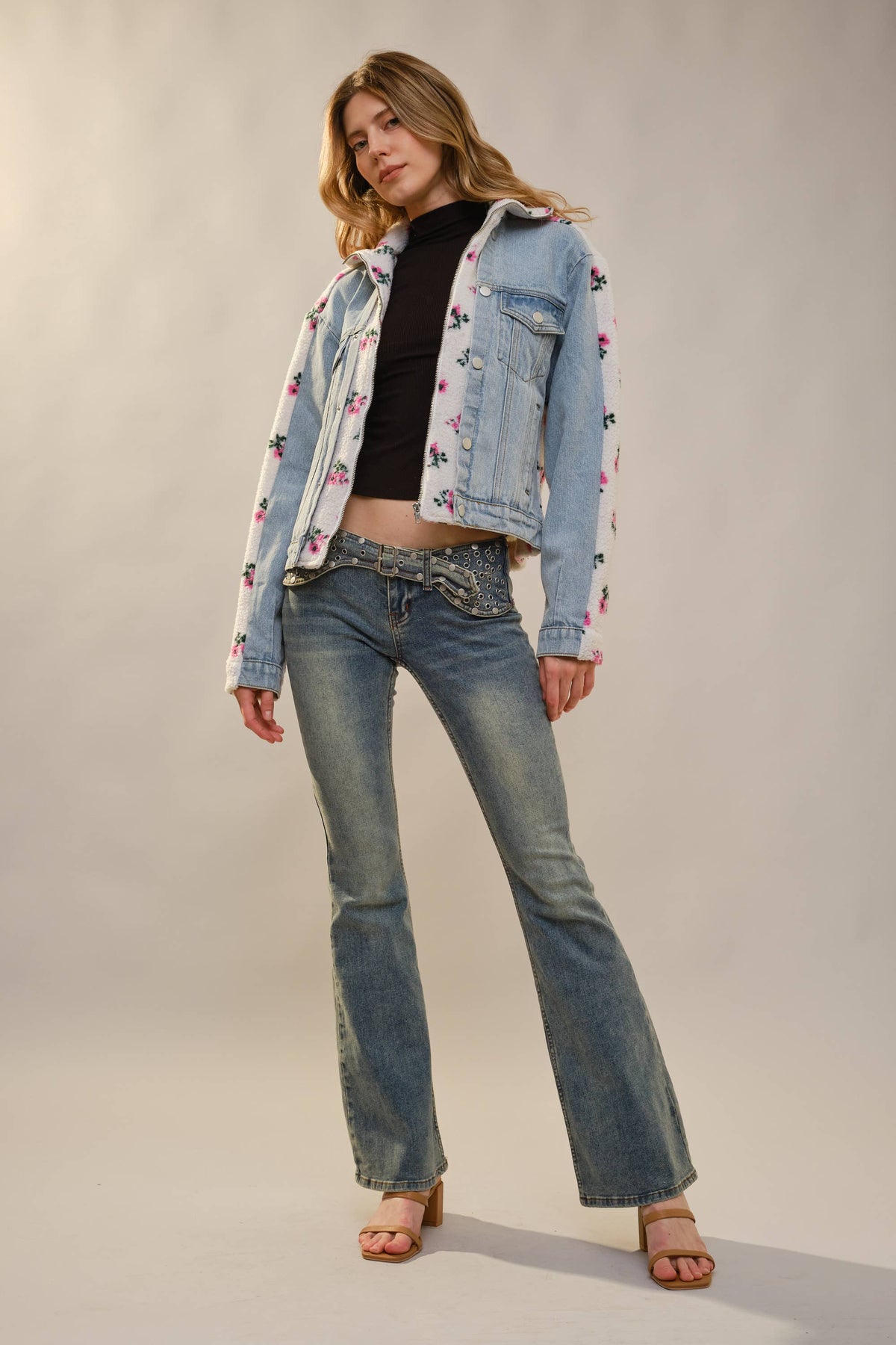 91647J Floral Sherpa Lined Denim Jacket
