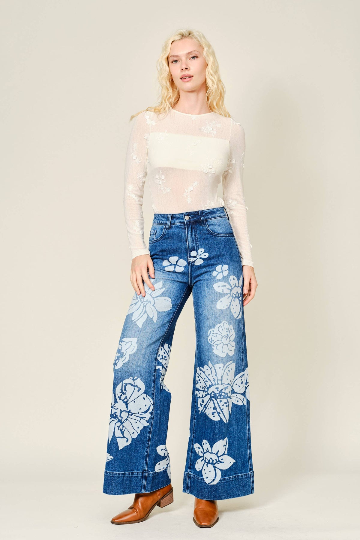 90015P Floral Printed Wide Leg Jeans