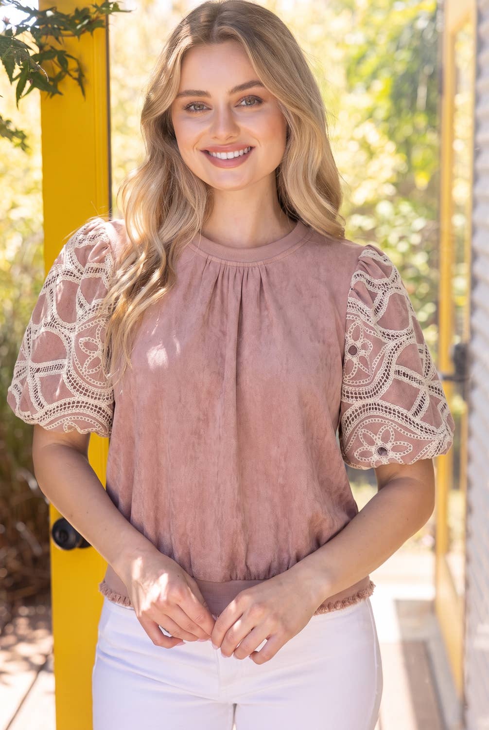 37067 Floral Eyelet Crochet Bubble Sleeve Suede Top