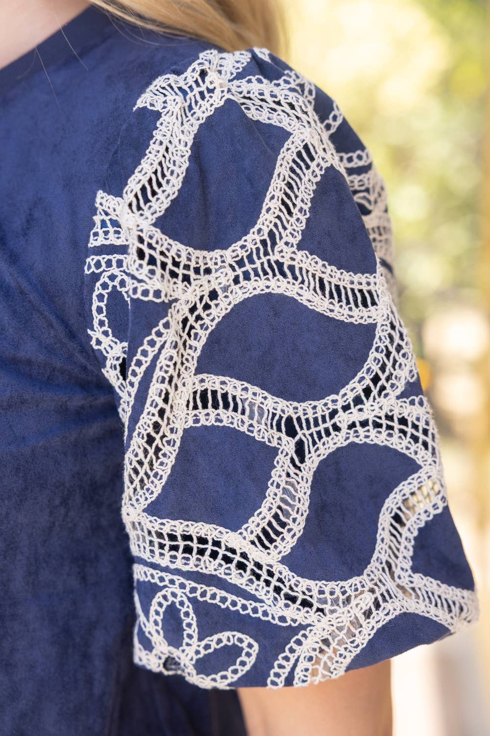 37067 Floral Eyelet Crochet Bubble Sleeve Suede Top