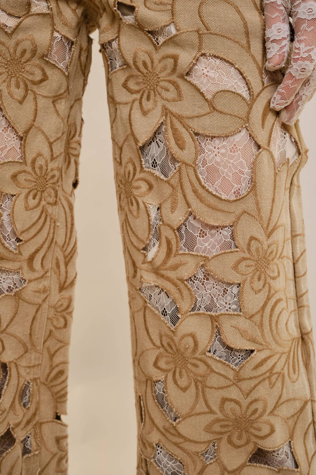 23969P Cut out Floral Embroidered Lace Twill Jeans