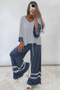Stripe V Neck Ruffle Contrast Sleeve Drawstring Pants 2pcs Set