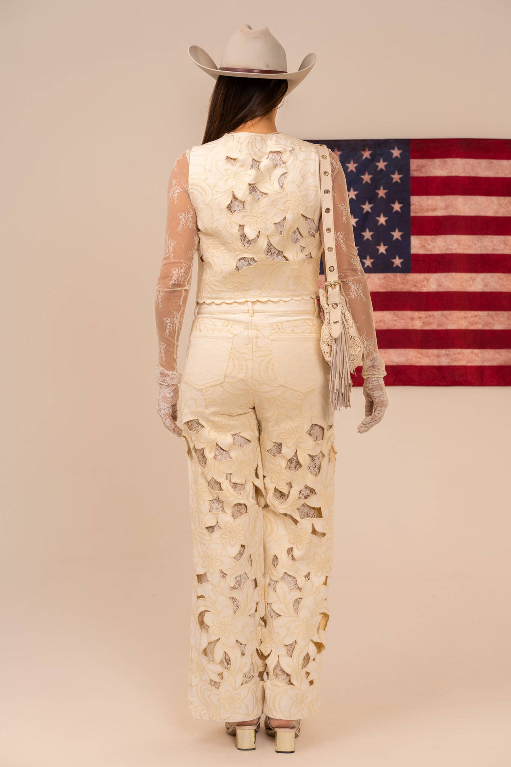 23969P Cut out Floral Embroidered Lace Twill Jeans