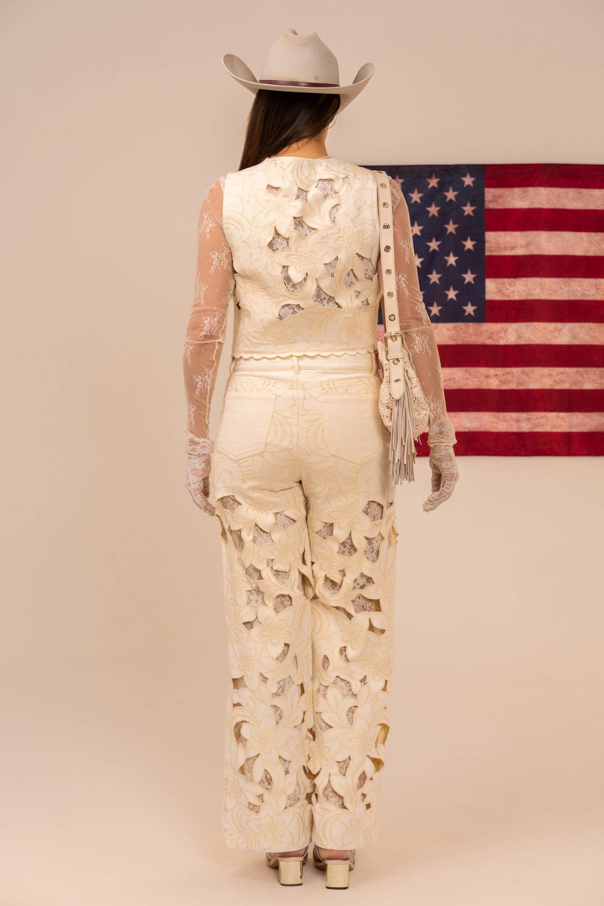 23969P Cut out Floral Embroidered Lace Twill Jeans