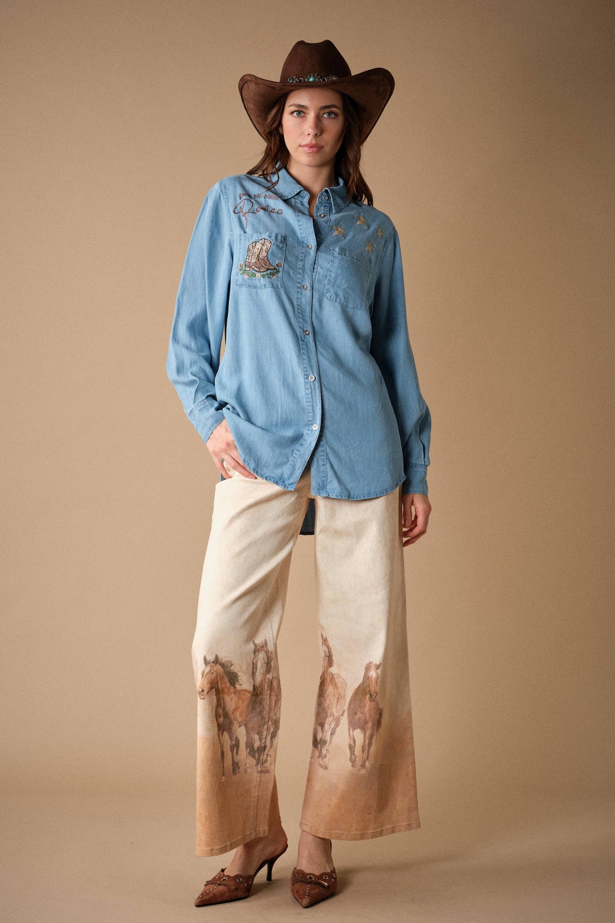24390P Western Horse Print Wide Leg Jeans