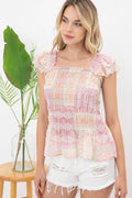 31387T - Chiffon Patchwork Ruffle Smocked Peplum Top