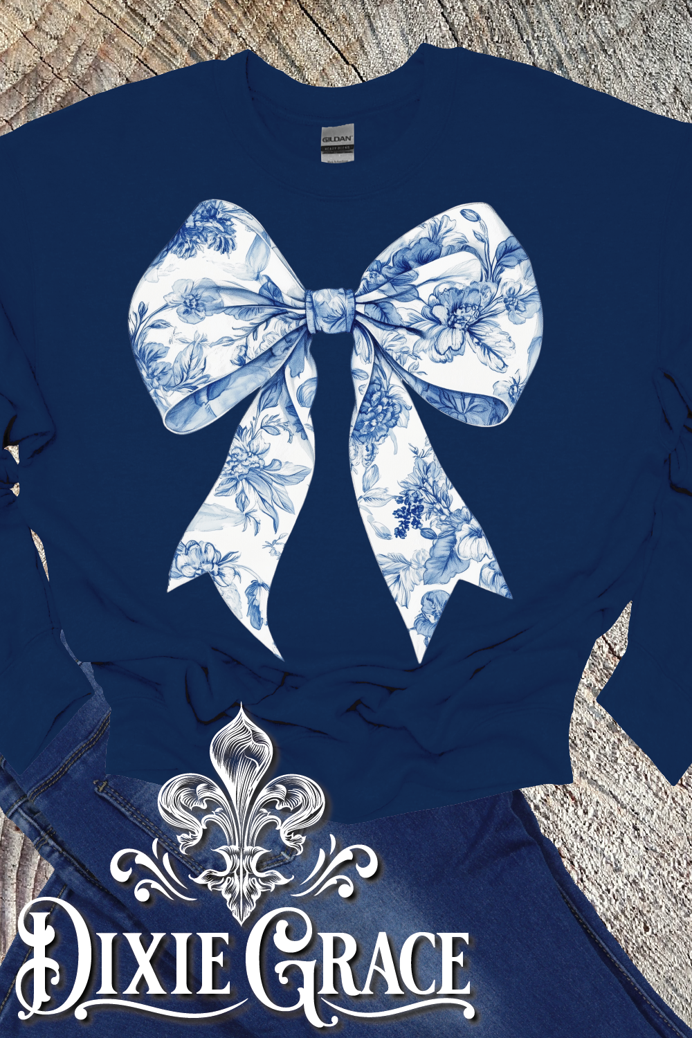 Blue Toile Bow - Navy - Sweatshirt Option - Graphic Tee