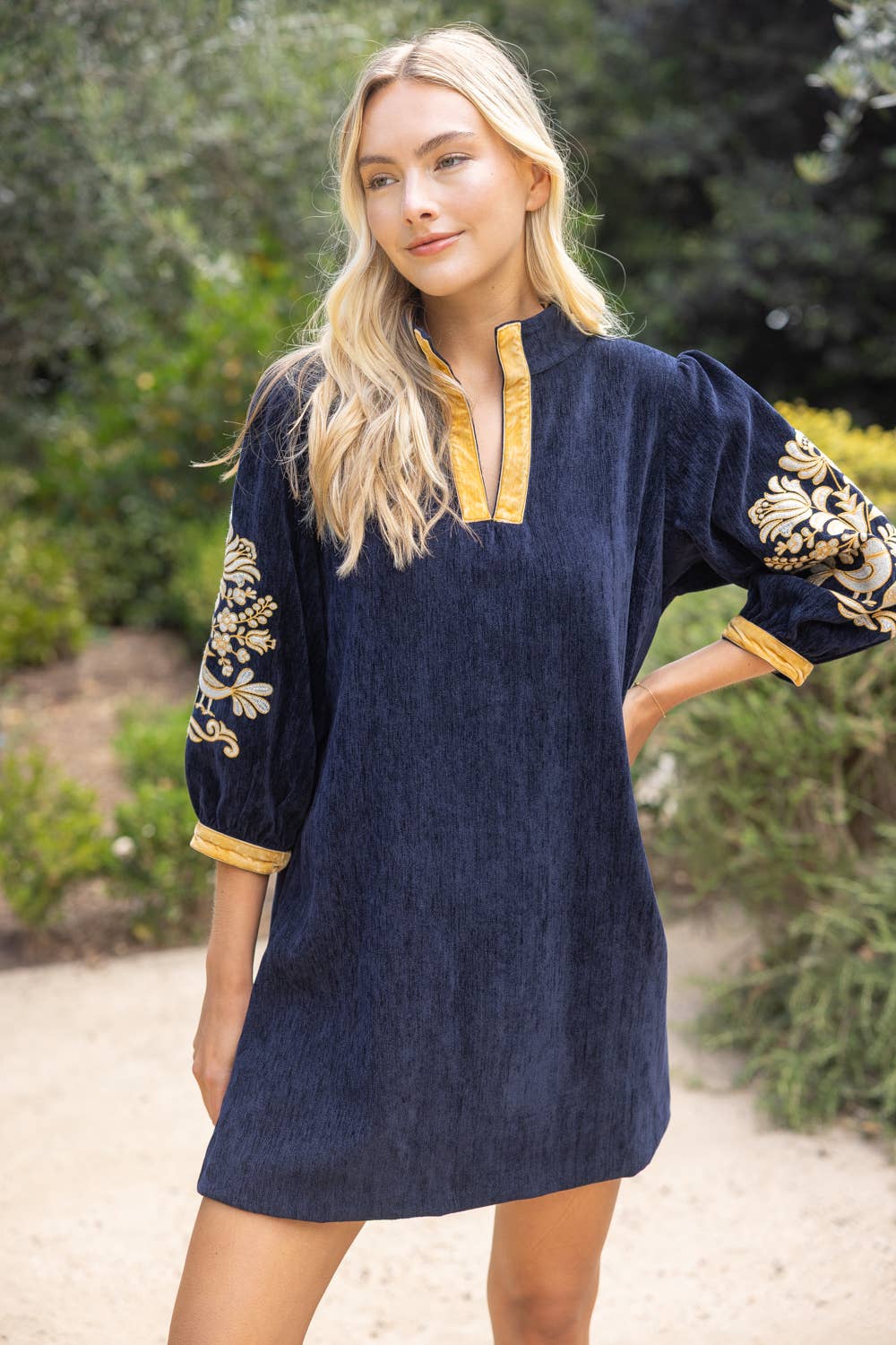 37040 Midnight Gold Embroidered Sleeve Velvet Shift Dress