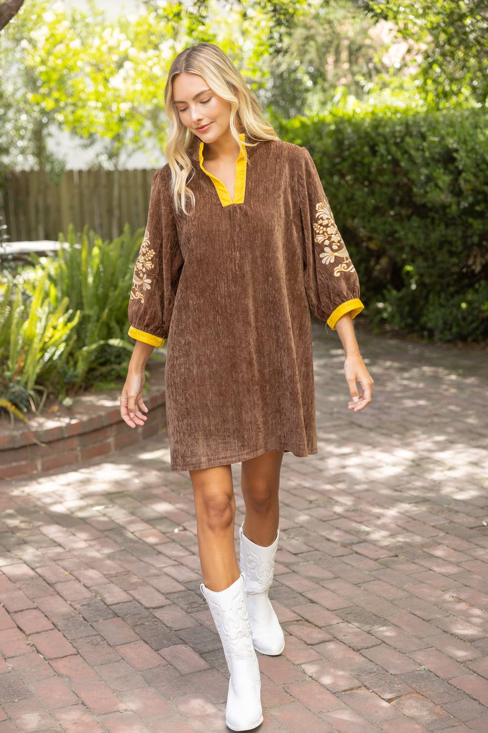 37040 Midnight Gold Embroidered Sleeve Velvet Shift Dress