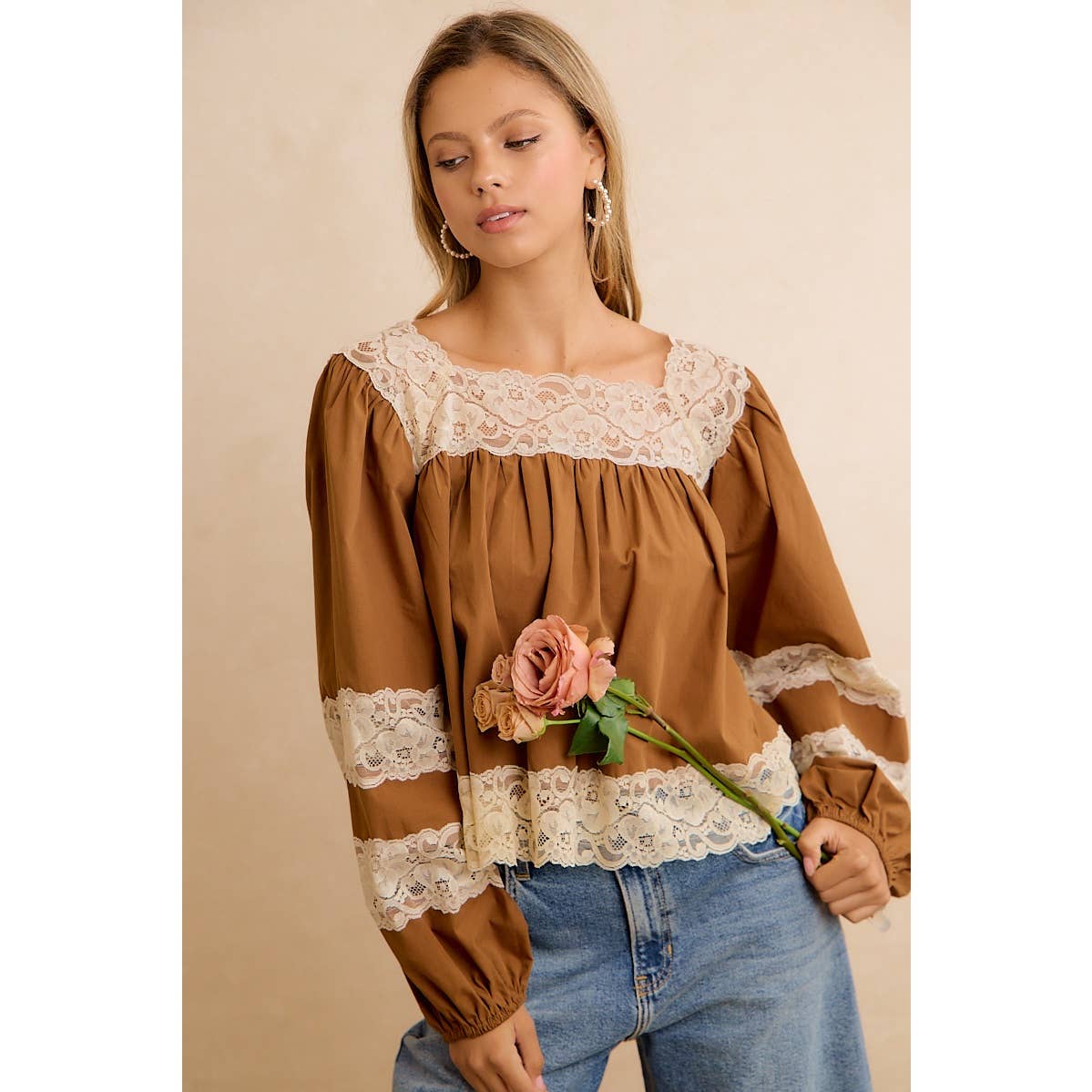 SOLID WOVEN BALLOON SLEEVE SQUARE NECK BLOUSE WITH LACE TRIM