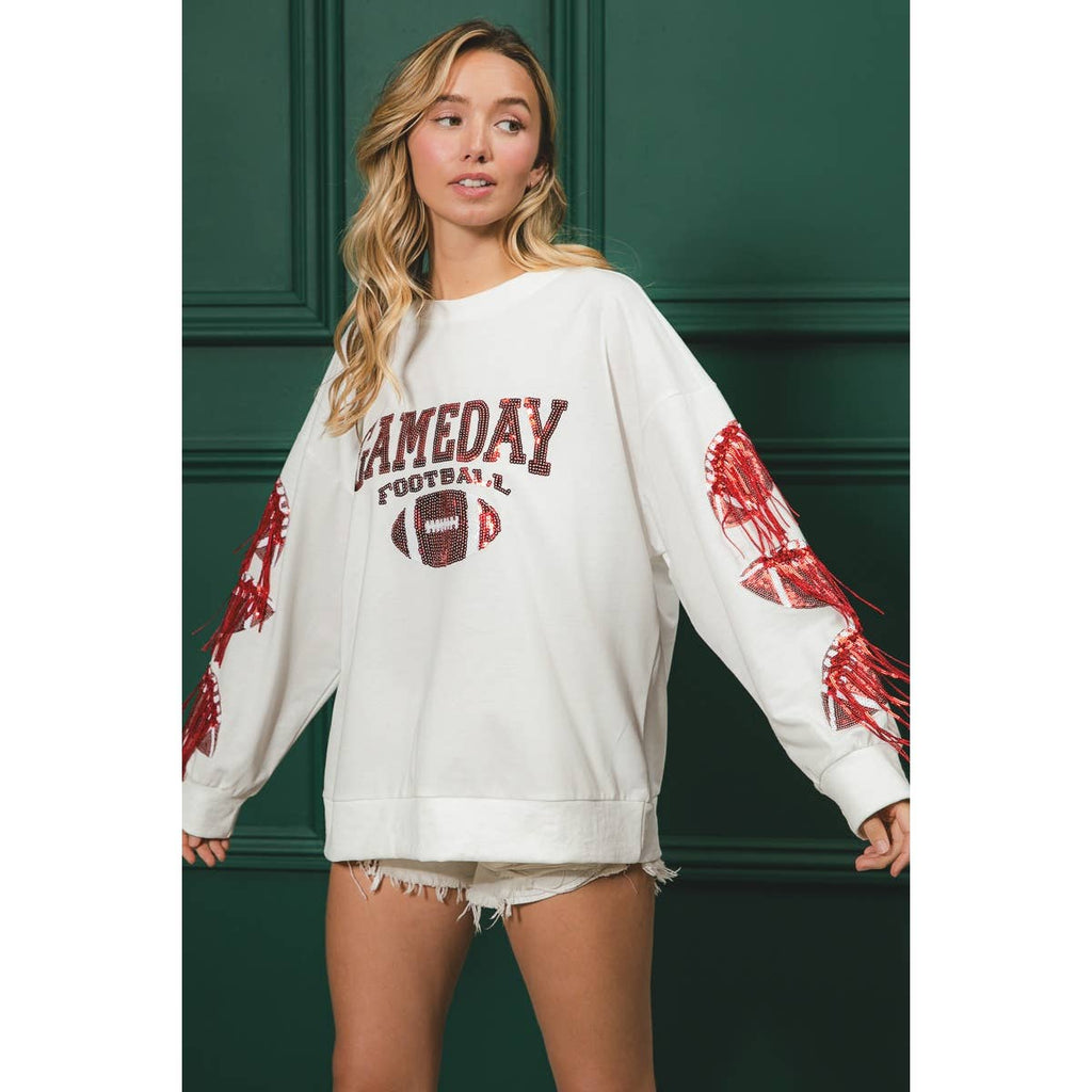 GAMEDAY FRINGED FOOTBALL FRENCH TERRY PULLOVER