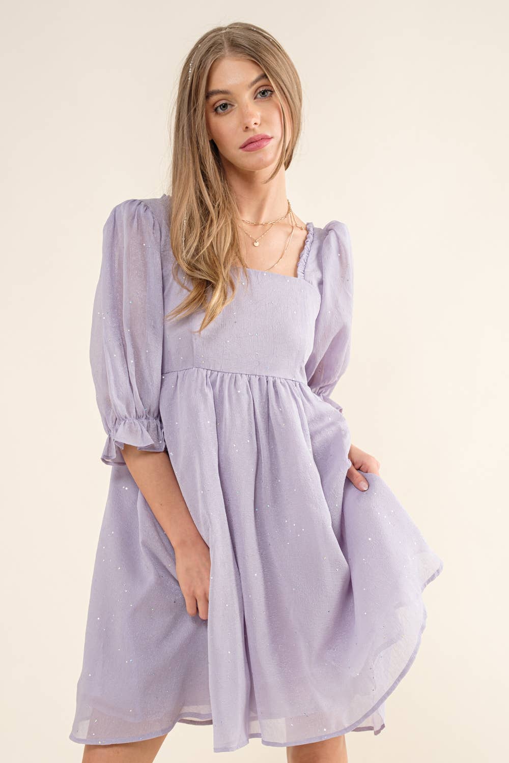 32464D - Chiffon Metallic Dot Mini Dress