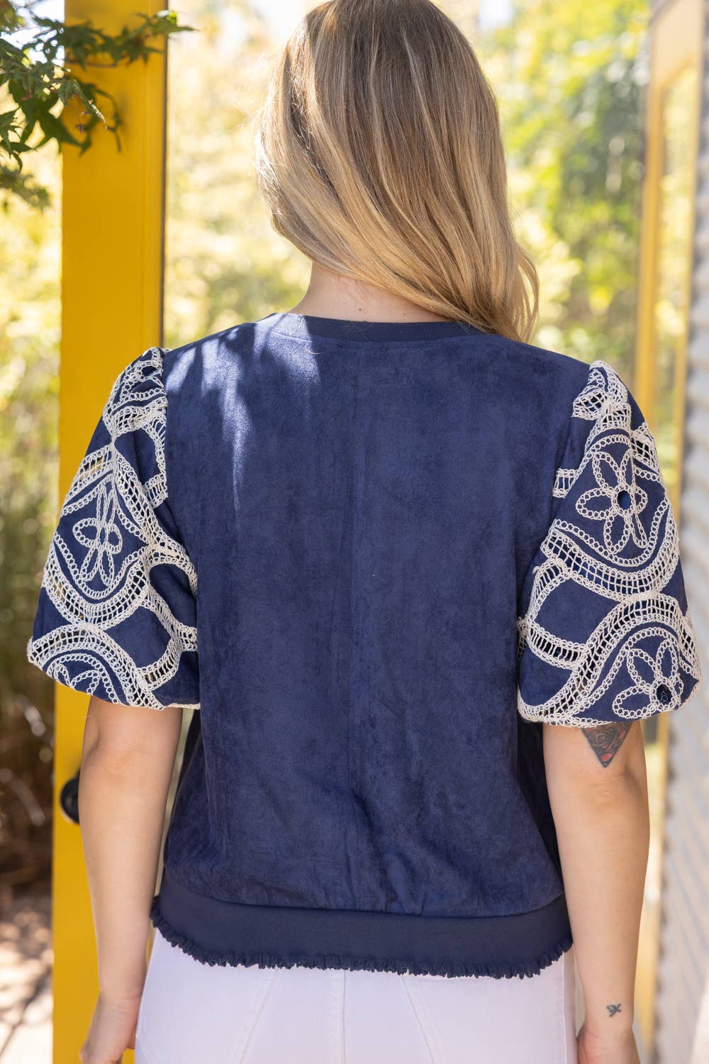 37067 Floral Eyelet Crochet Bubble Sleeve Suede Top