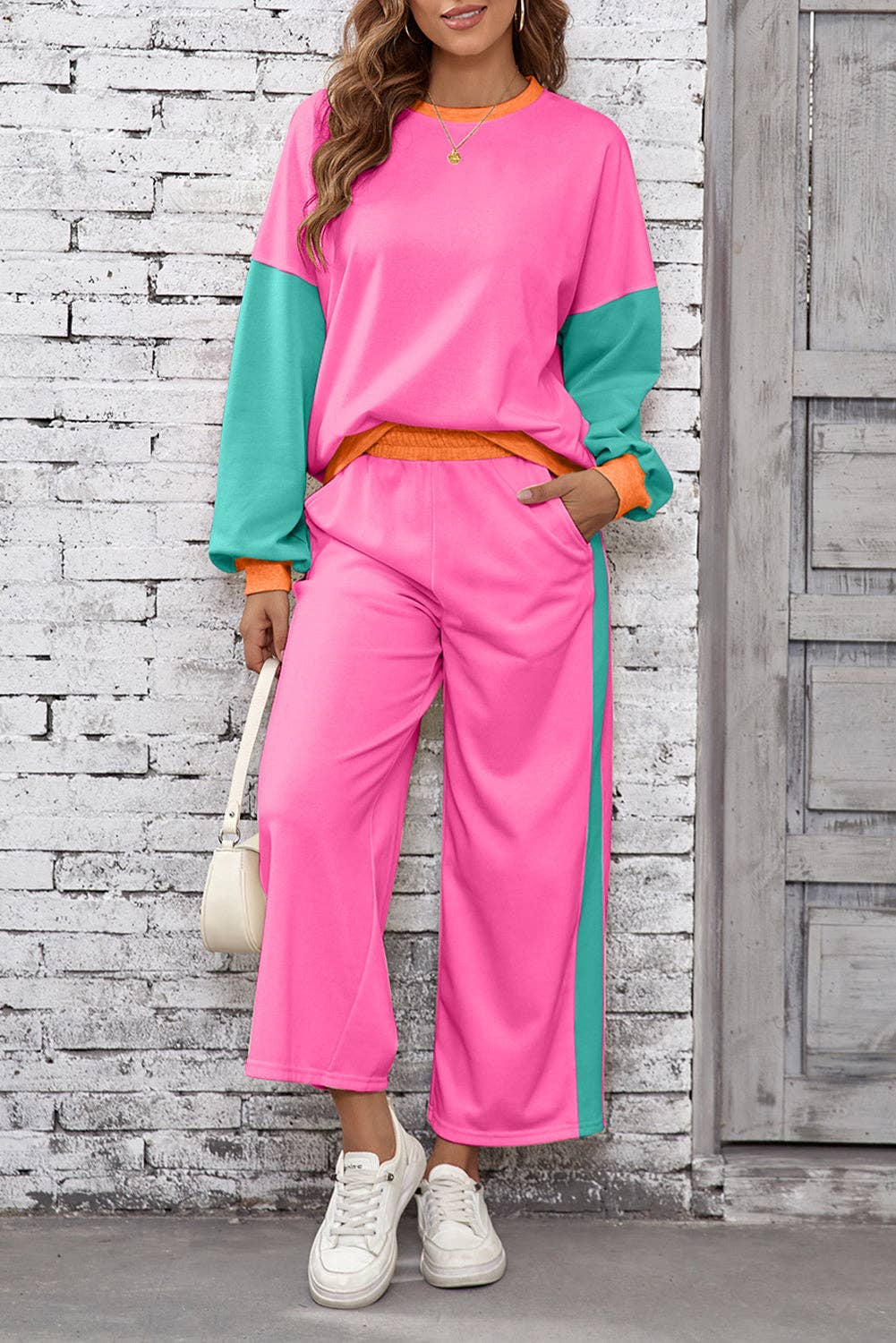 Blackish Green 2pcs Color Block Pullover Loose Pant Set