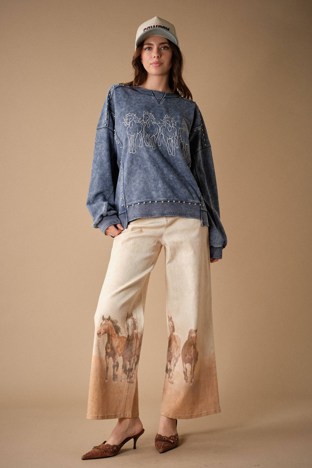 24390P Western Horse Print Wide Leg Jeans