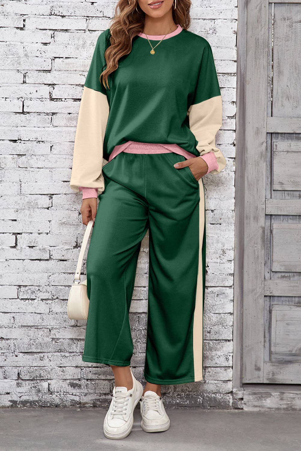 Blackish Green 2pcs Color Block Pullover Loose Pant Set