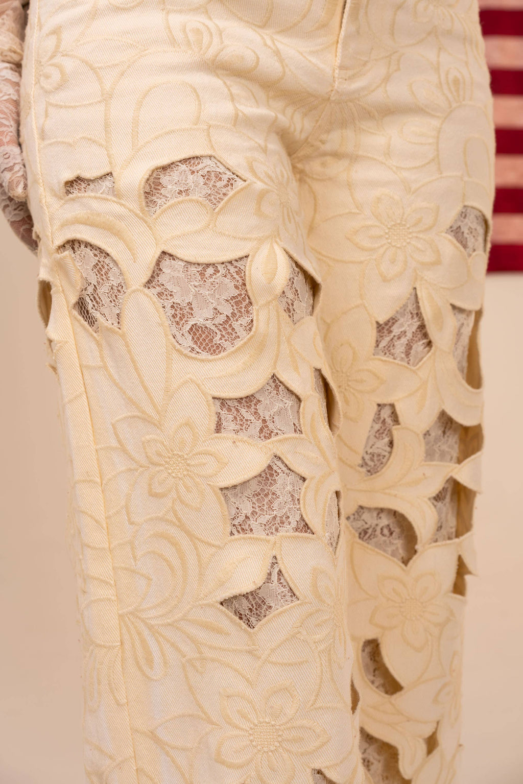 23969P Cut out Floral Embroidered Lace Twill Jeans