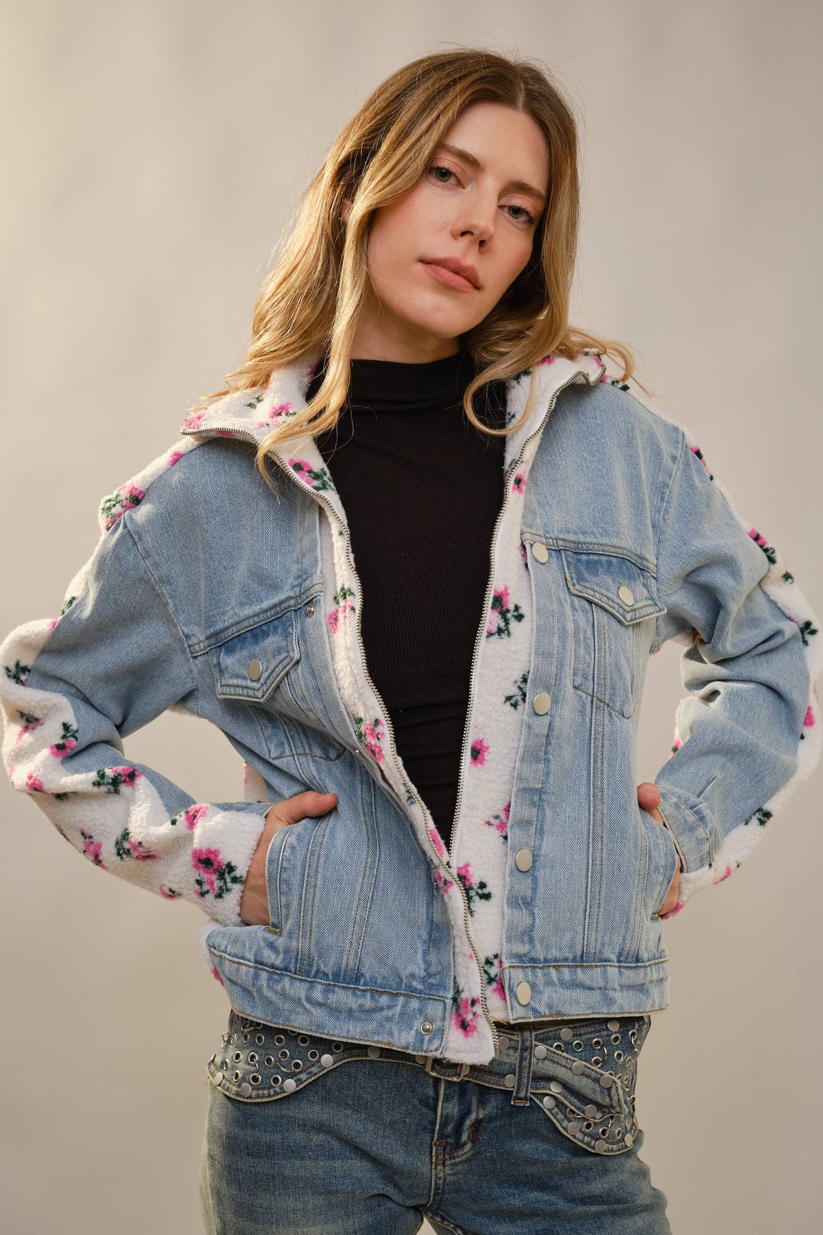 91647J Floral Sherpa Lined Denim Jacket