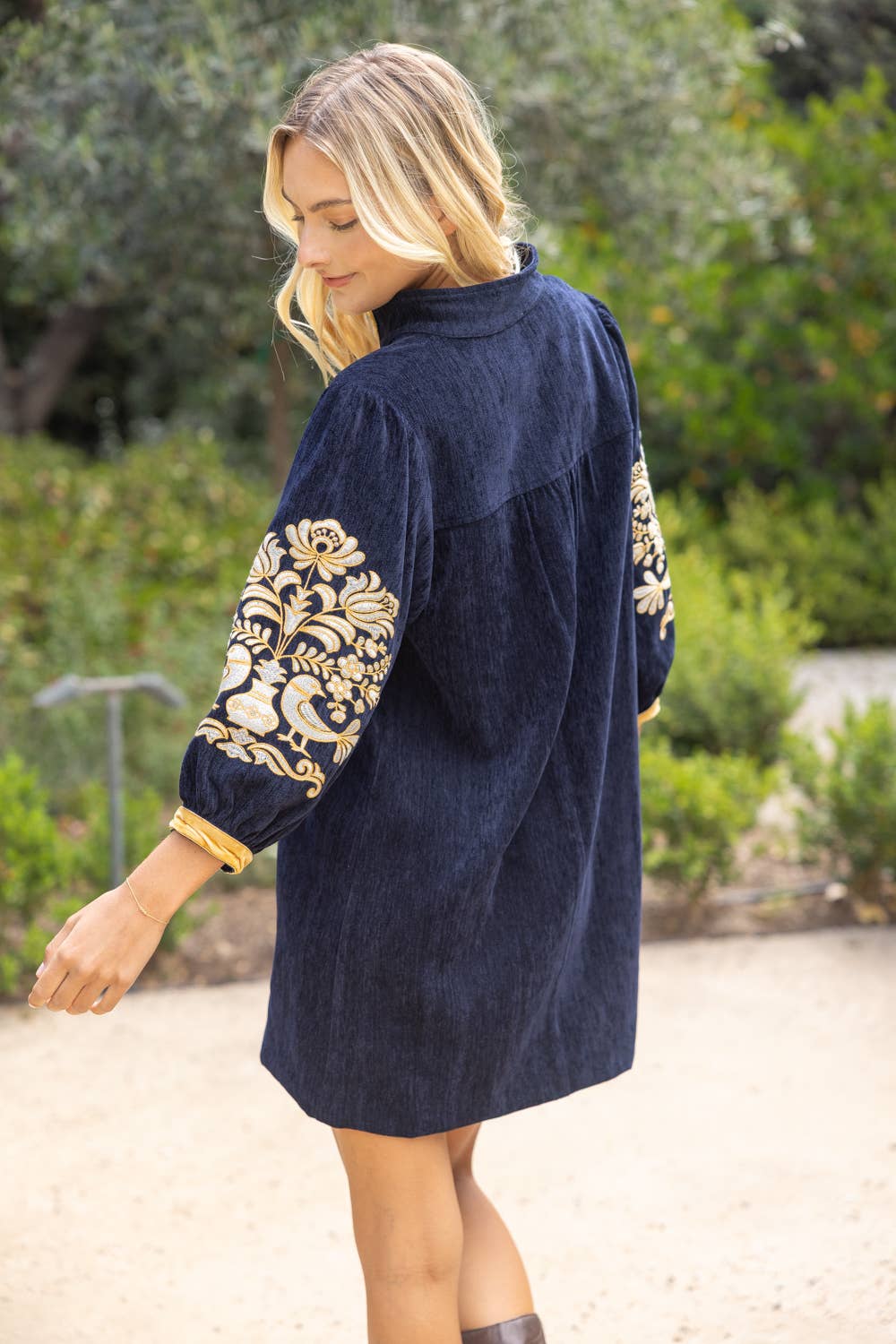 37040 Midnight Gold Embroidered Sleeve Velvet Shift Dress