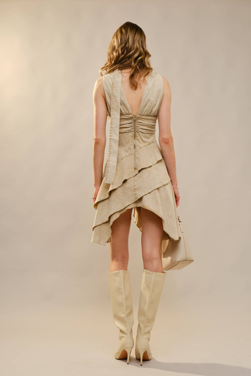 23847D Diagonal Layered Hem Ruched Waistband Dress