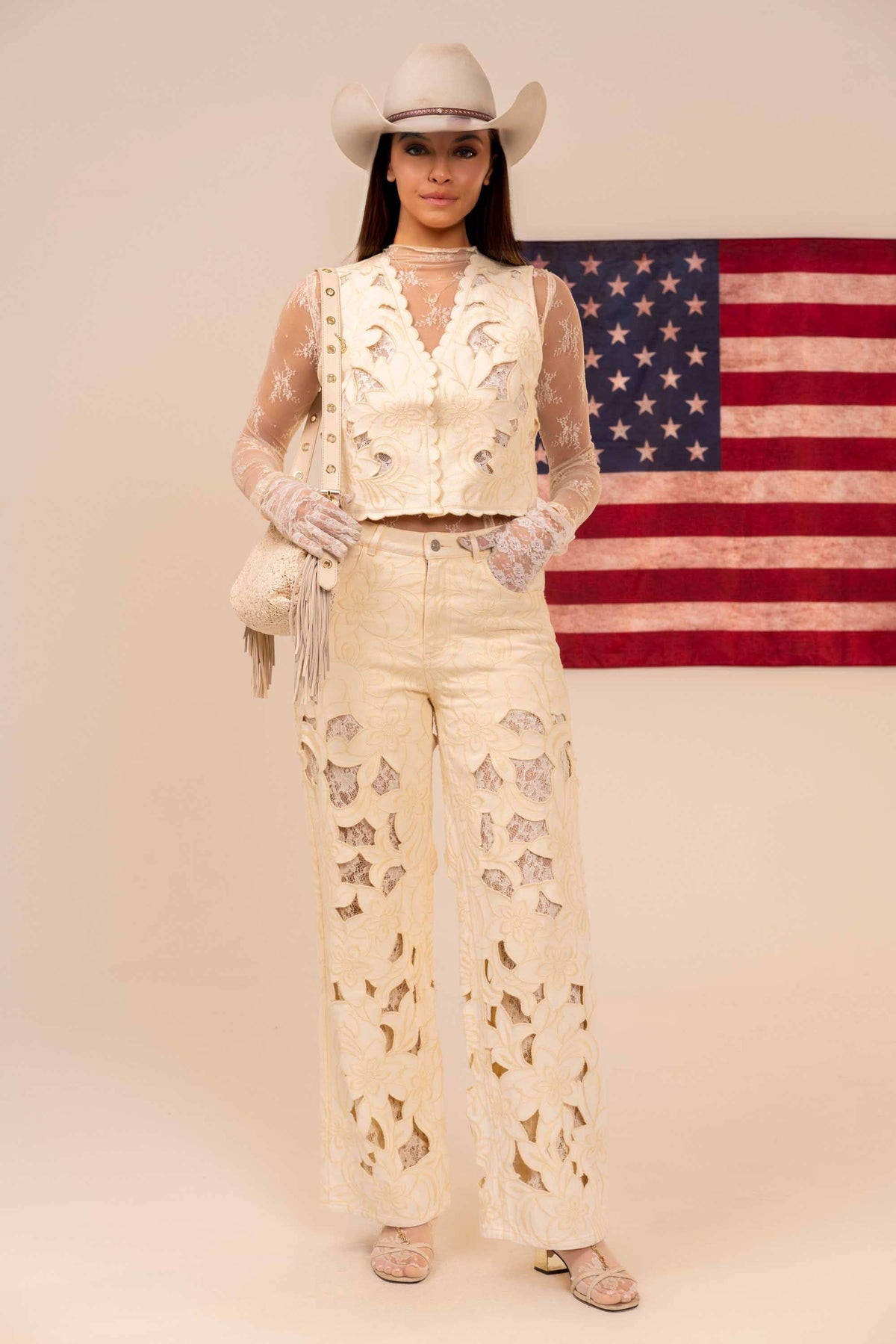 23969P Cut out Floral Embroidered Lace Twill Jeans