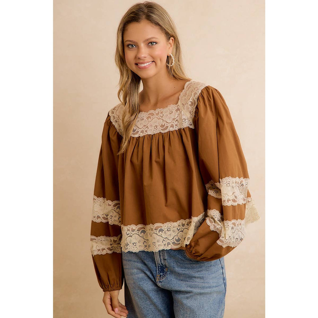 SOLID WOVEN BALLOON SLEEVE SQUARE NECK BLOUSE WITH LACE TRIM
