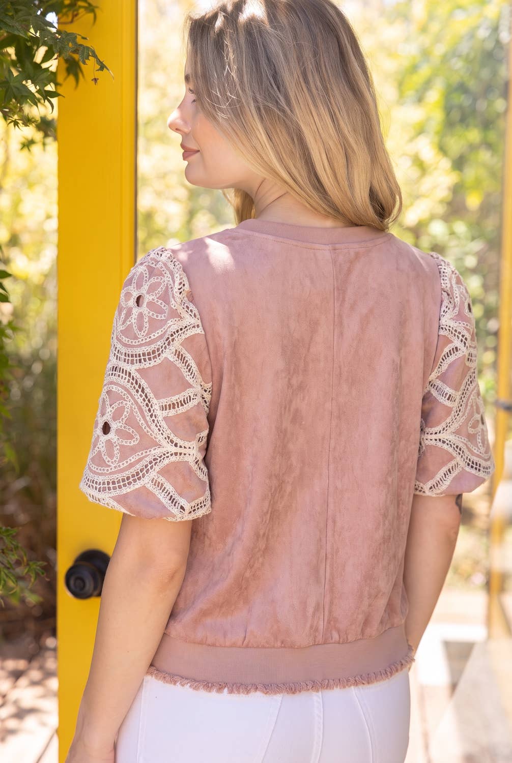 37067 Floral Eyelet Crochet Bubble Sleeve Suede Top