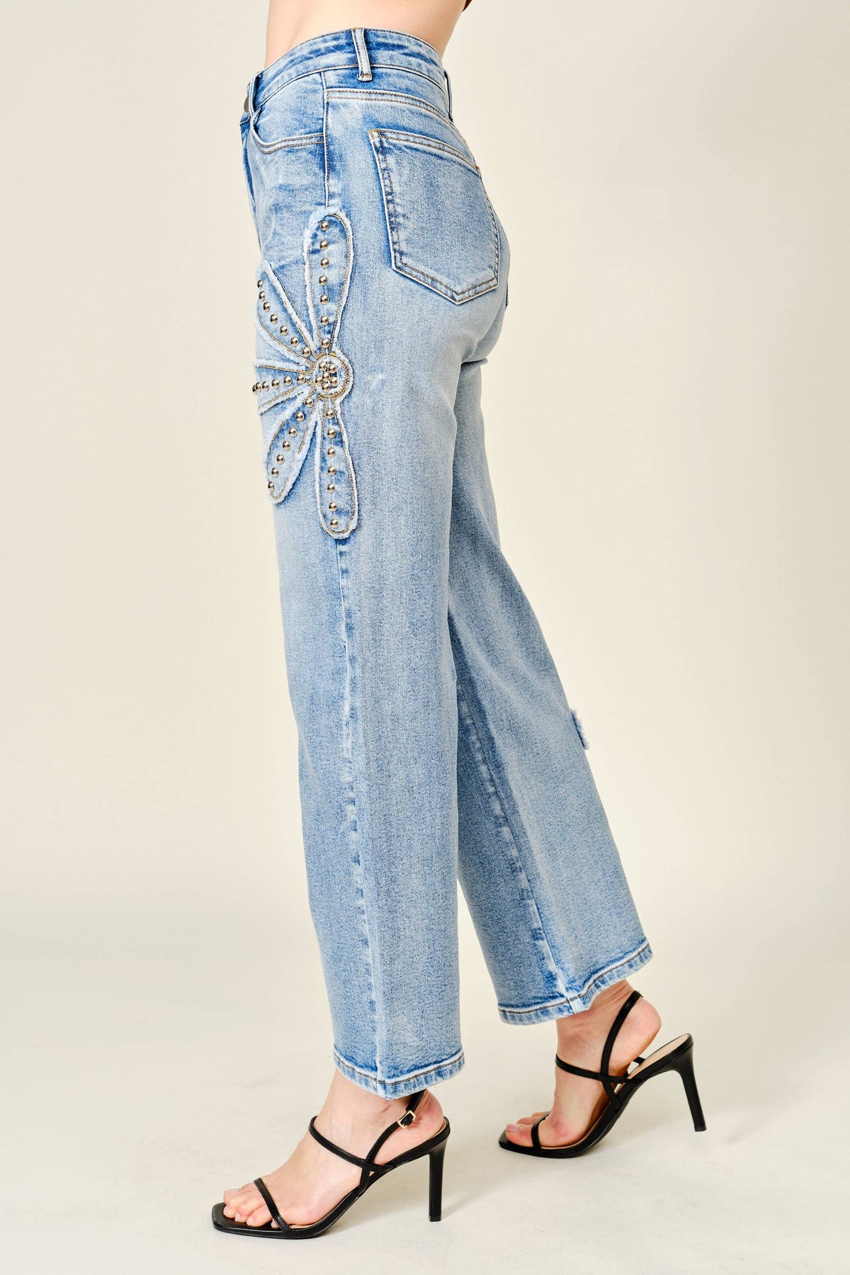 18122P Studded Flower Patch Wide Leg Jeans