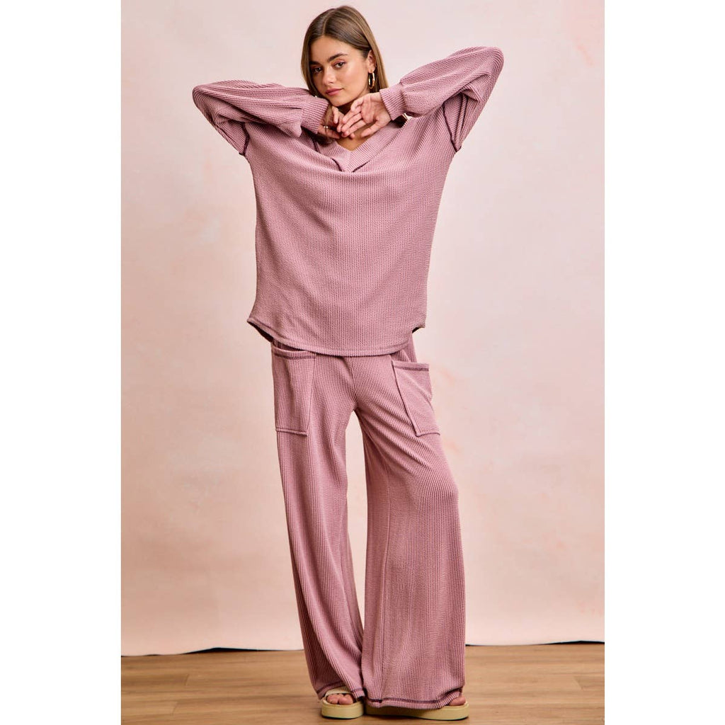 TWO TONE CORD RIB CONTRAST TOP AND PANTS SET