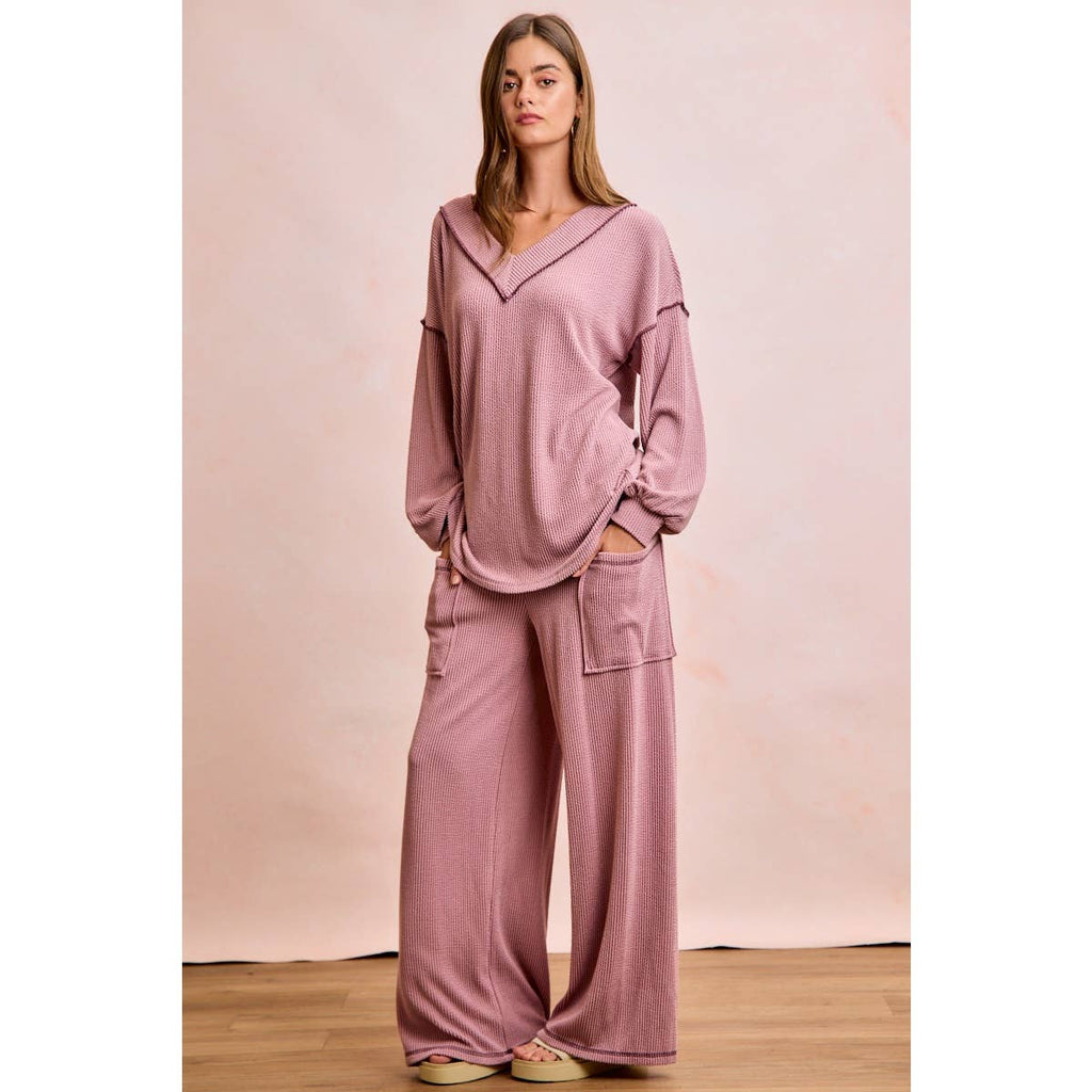 TWO TONE CORD RIB CONTRAST TOP AND PANTS SET