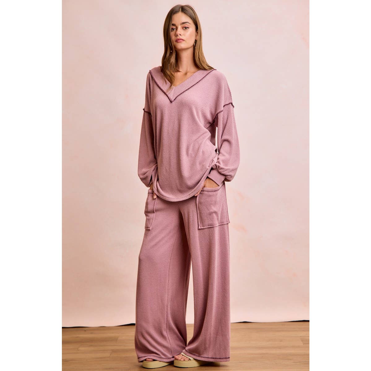 TWO TONE CORD RIB CONTRAST TOP AND PANTS SET