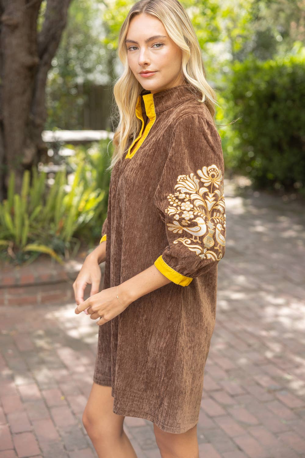 37040 Midnight Gold Embroidered Sleeve Velvet Shift Dress
