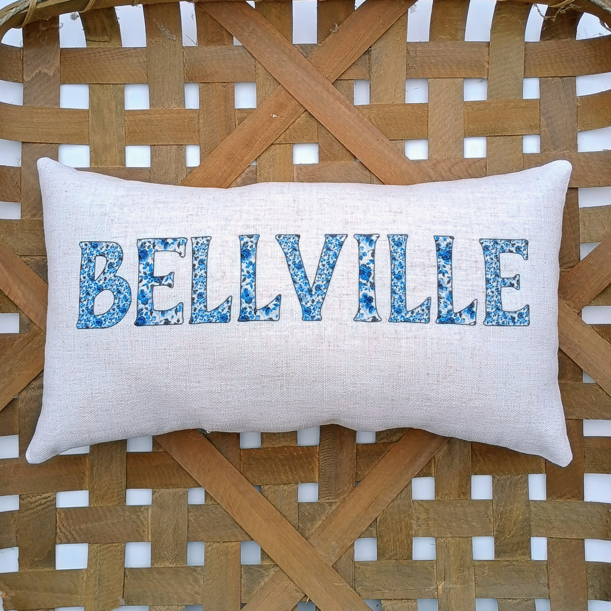 Chinoiserie Blue and White Floral Town Name Lumbar Pillow