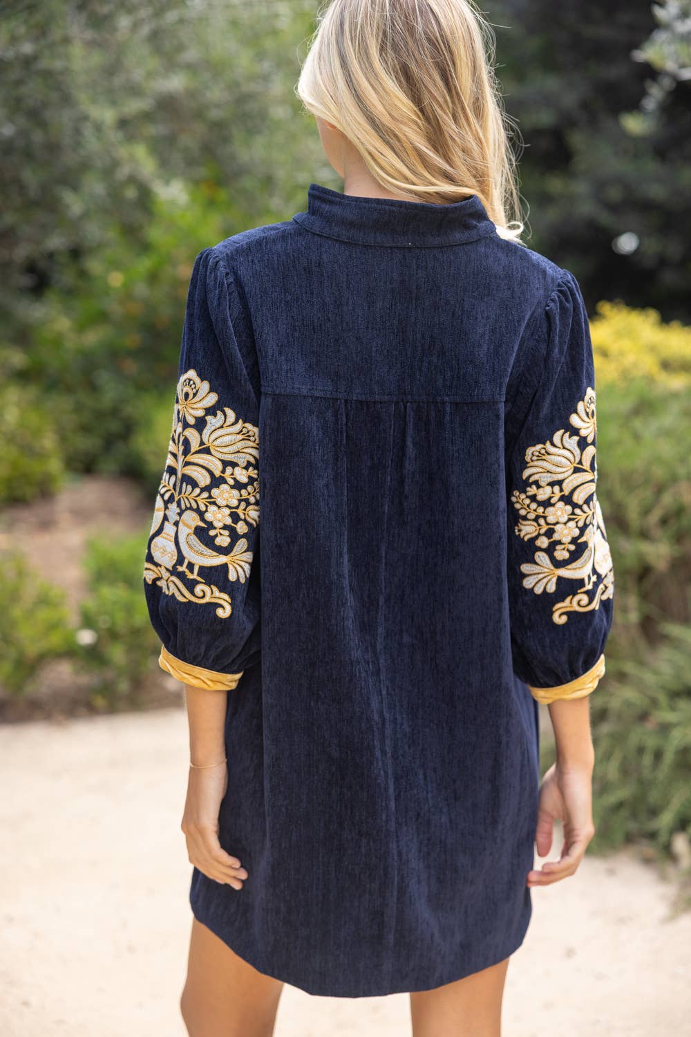 37040 Midnight Gold Embroidered Sleeve Velvet Shift Dress