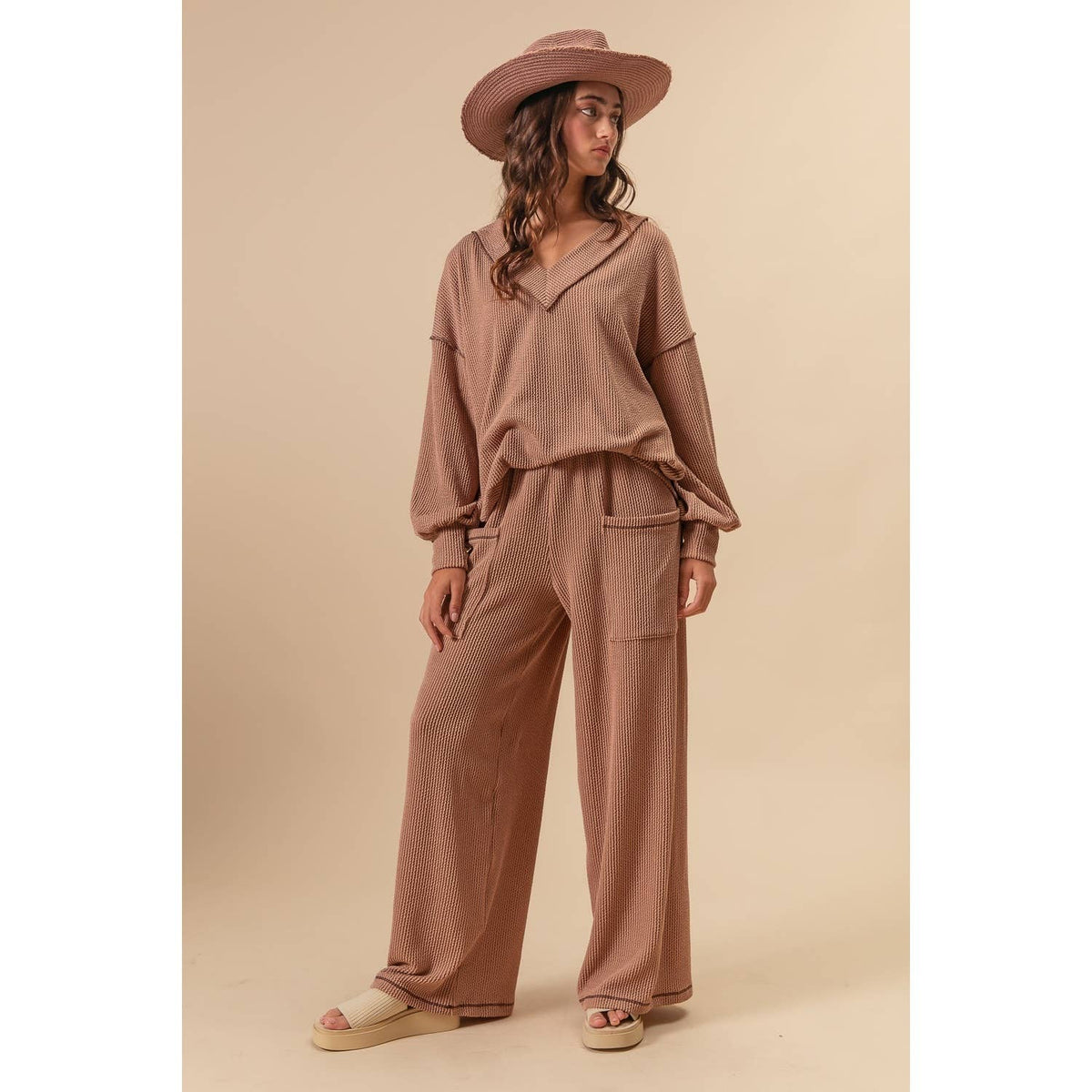 TWO TONE CORD RIB CONTRAST TOP AND PANTS SET
