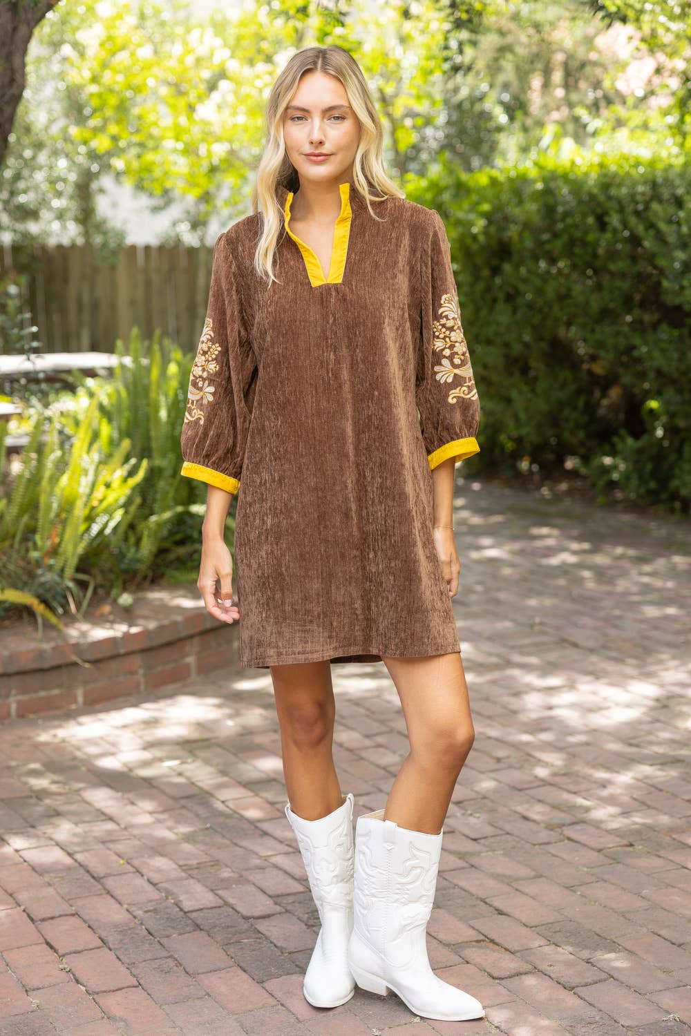 37040 Midnight Gold Embroidered Sleeve Velvet Shift Dress
