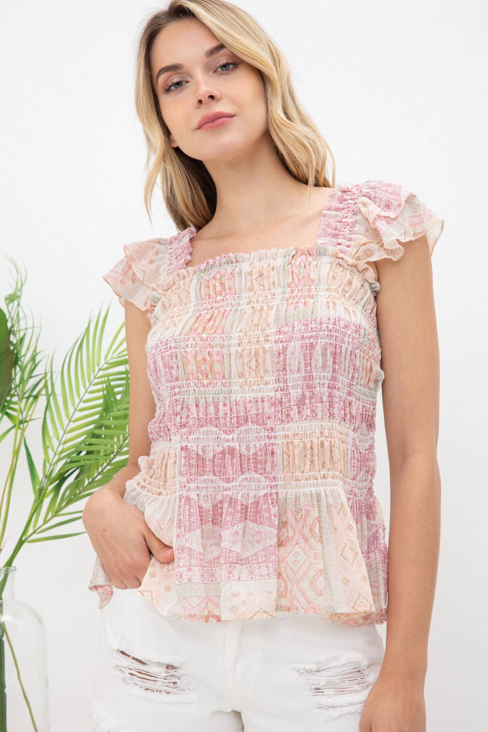 31387T - Chiffon Patchwork Ruffle Smocked Peplum Top