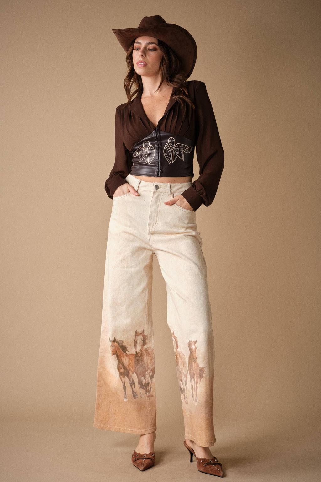 24390P Western Horse Print Wide Leg Jeans