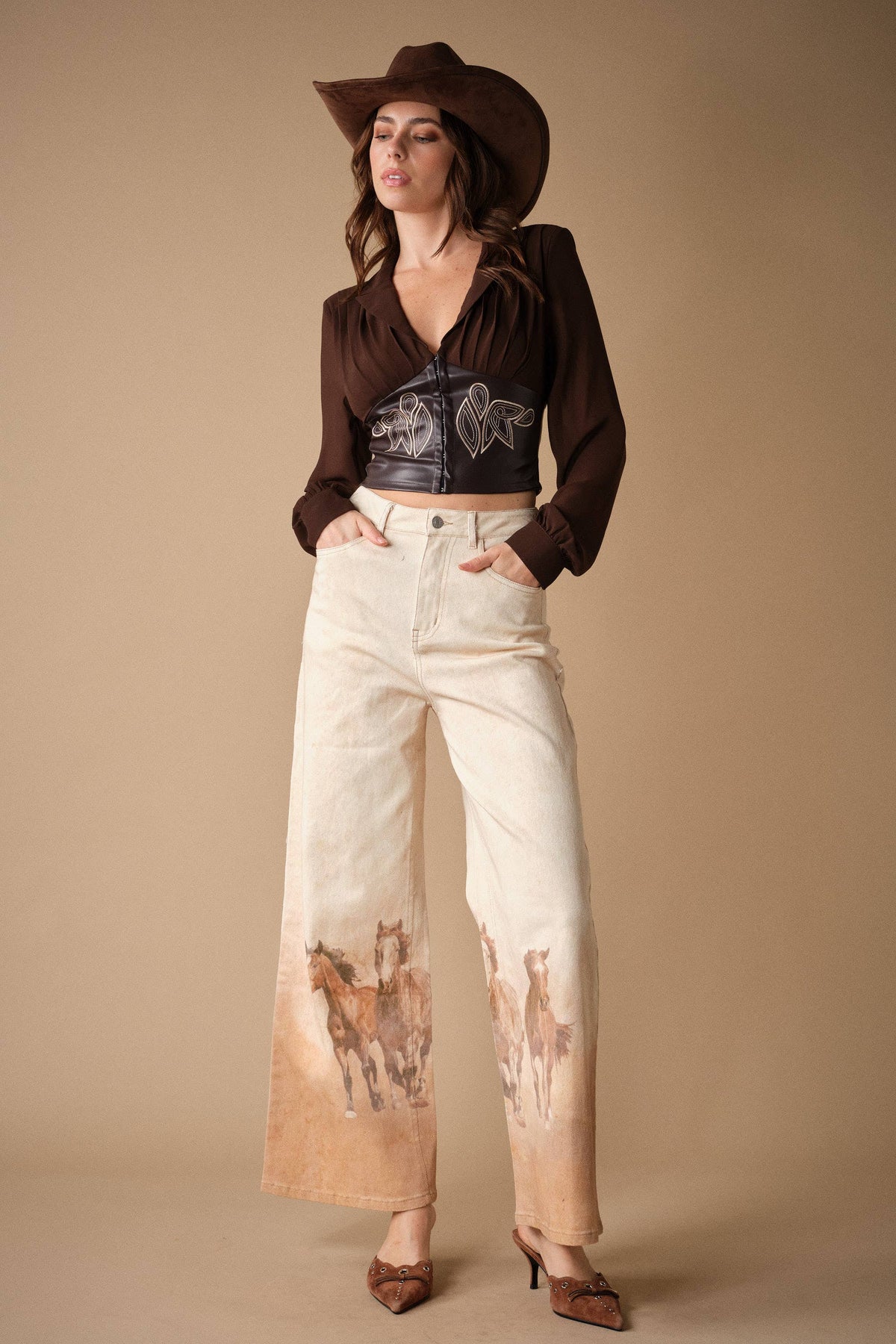 24390P Western Horse Print Wide Leg Jeans