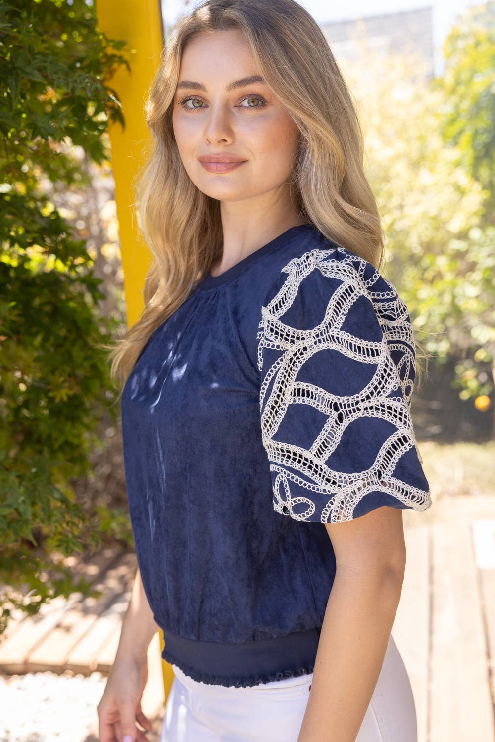 37067 Floral Eyelet Crochet Bubble Sleeve Suede Top