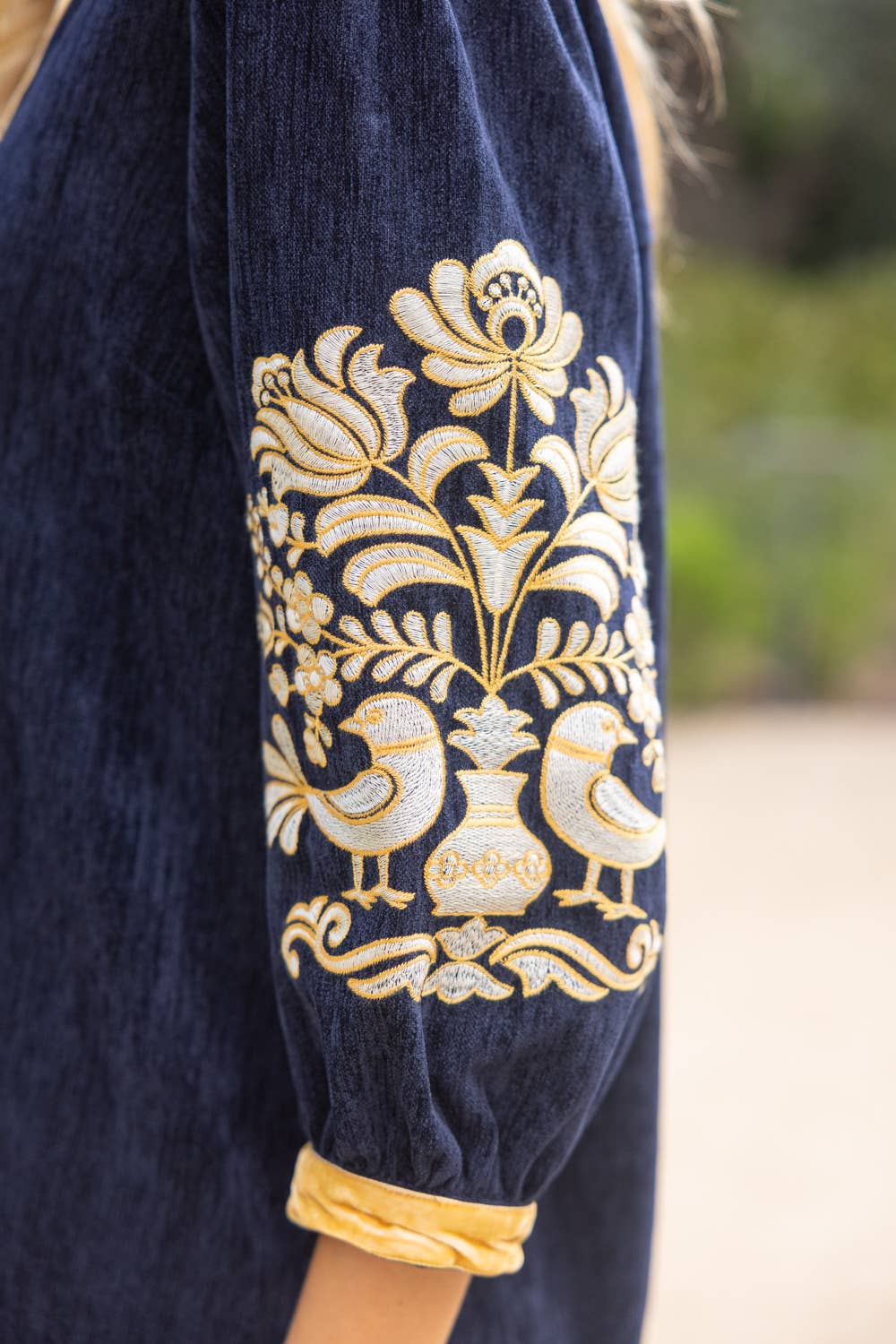 37040 Midnight Gold Embroidered Sleeve Velvet Shift Dress